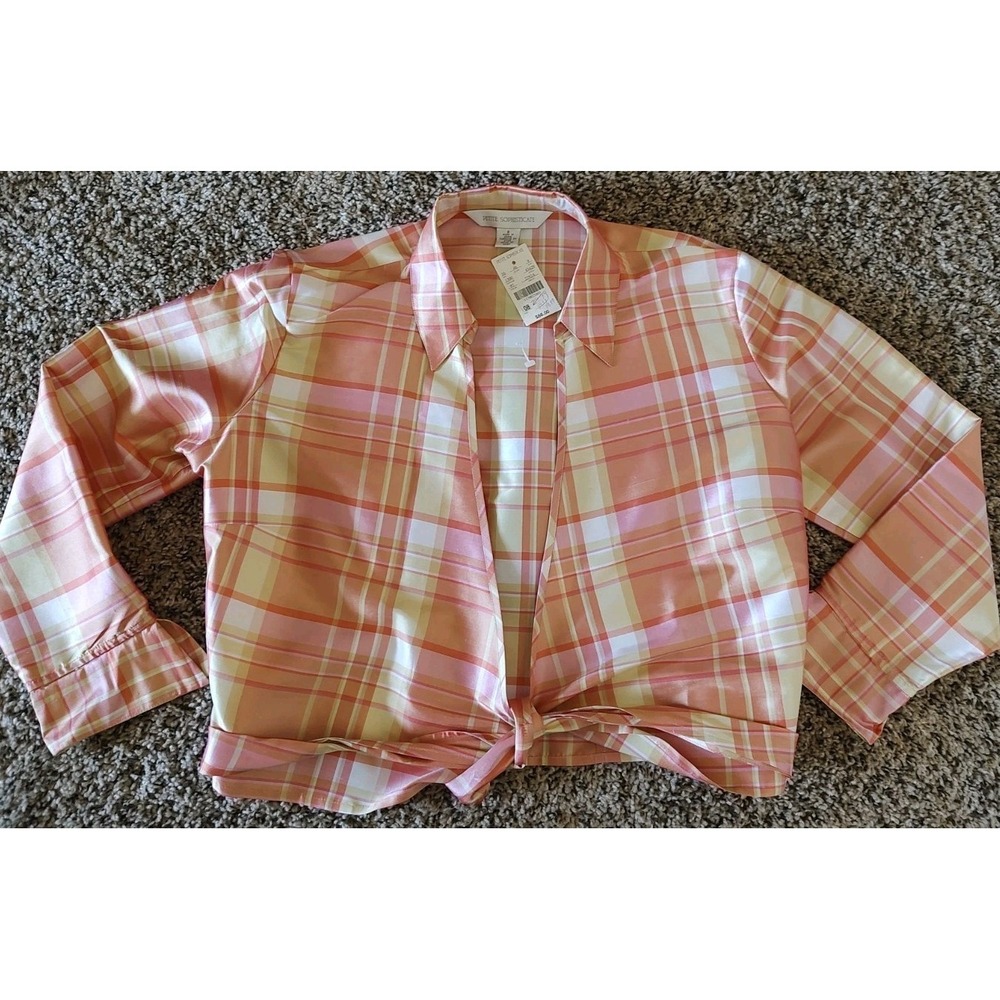 Petite Sophisticate Tie Front Silk Blouse Orange Yellow Long Sleeve Size 8P
